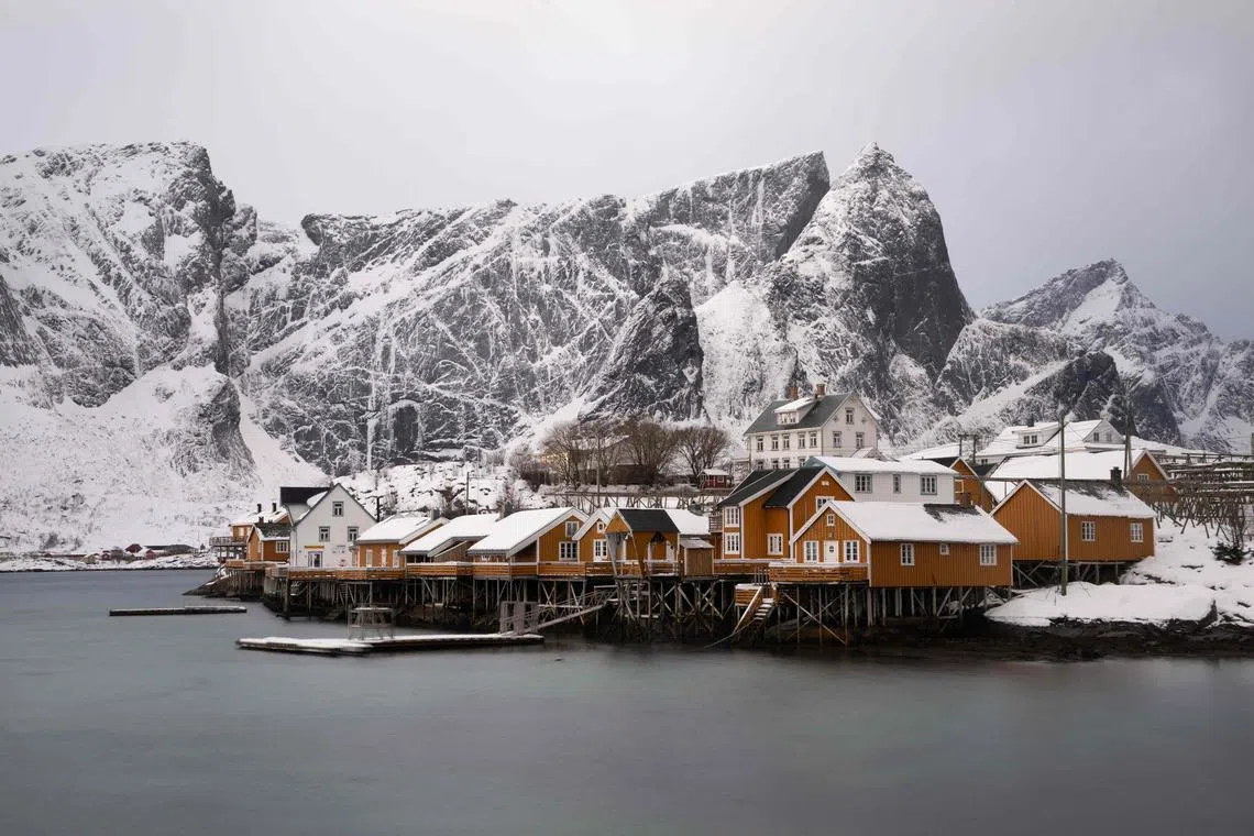 A fishermen village on Sakrisoya, near Reine, Lofoten, in Norway on Feb 19. 