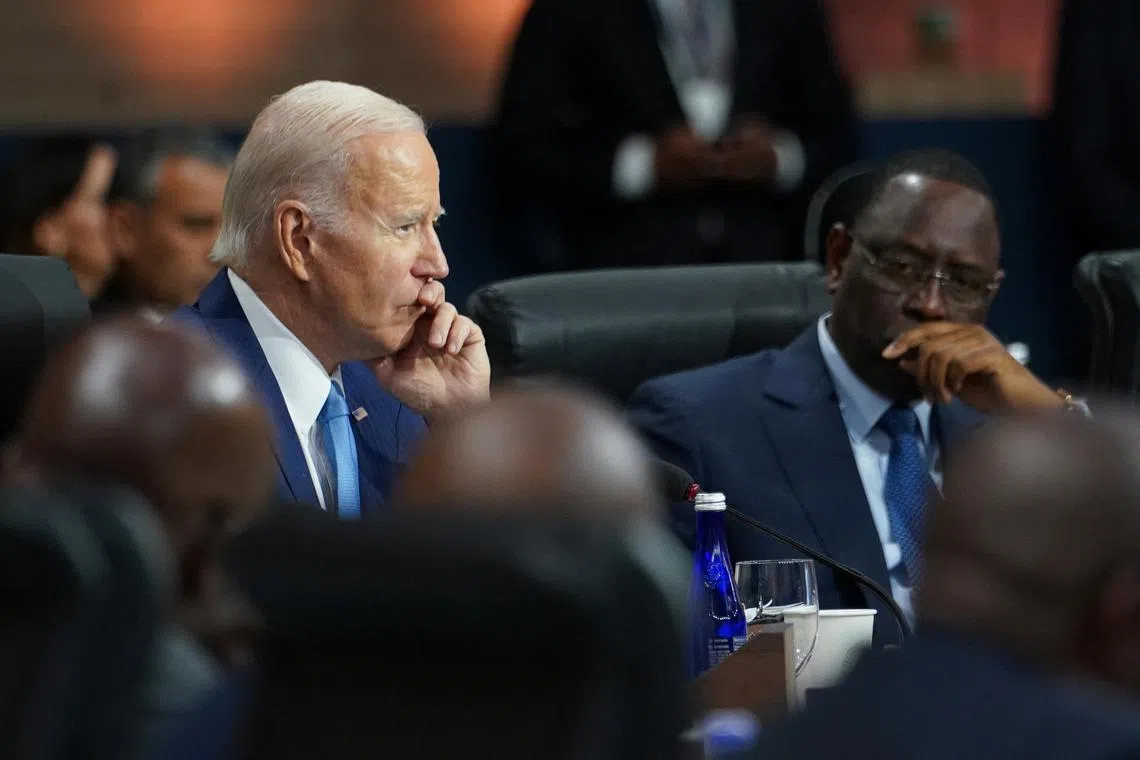 US President Joe Biden and Senegalese President Macky Sall (right) listen to remarks during the US-Africa Summit in Washington.