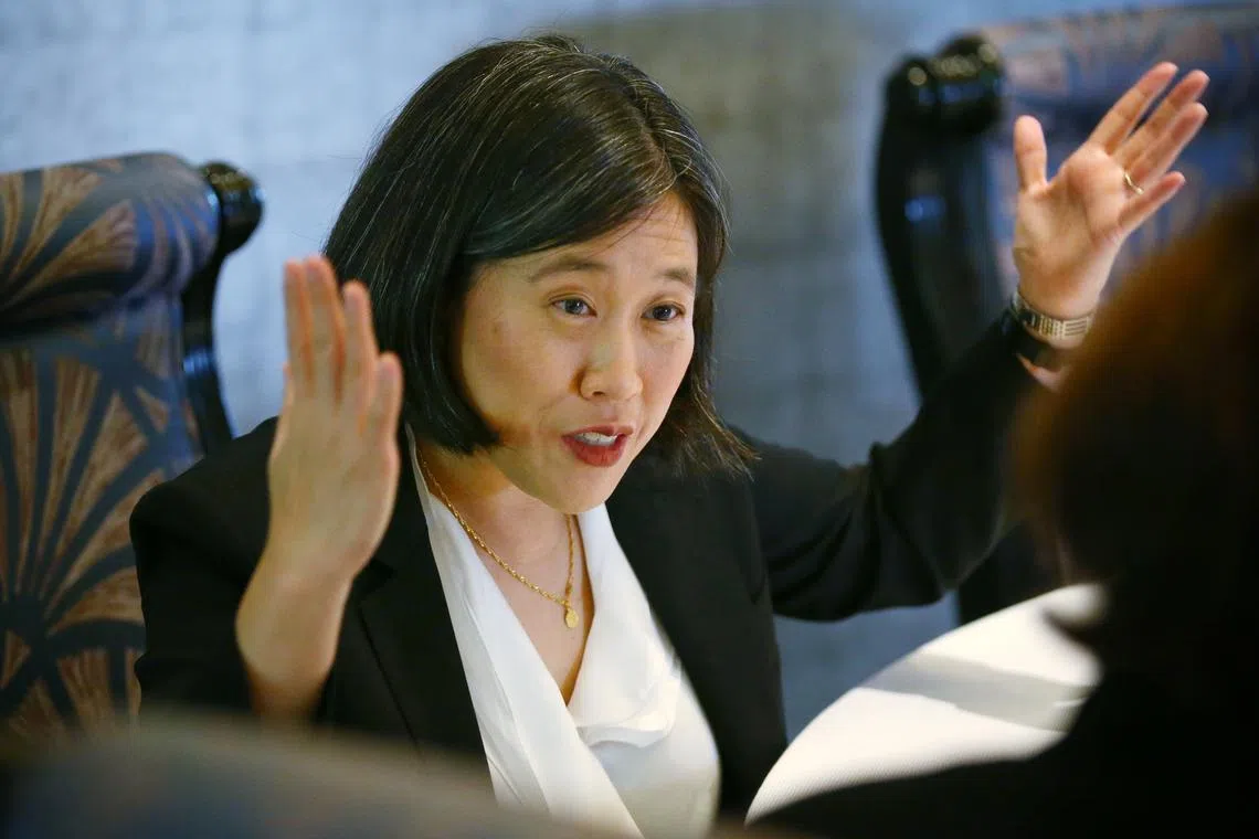 ST20221115_202213842789/Feline Lim/ostrade15

Katherine Tai, United States Trade Representative speaking to The Straits Times during an interview at the Bloomberg New Economy Forum 2022 at Capella Singapore at Sentosa on 15 November 2022.