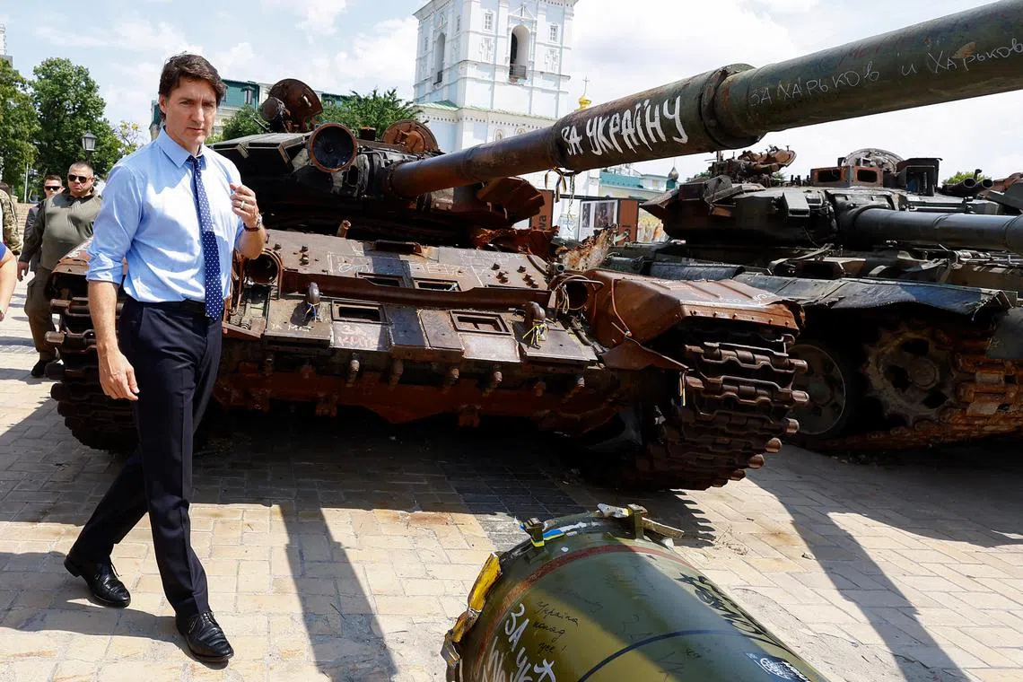 Canadian Prime Minister Justin Trudeau visits an exhibition of destroyed tanks as he honoured killed Ukrainian soldiers.