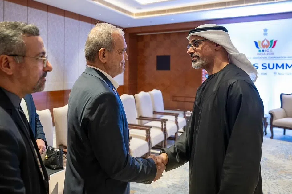 Abu Dhabi Crown Prince Sheikh Khaled Mohamed Al Nahyan meeting Iranian President Masoud Pezeshkian on the sidelines of the BRICS summit in New Delhi.