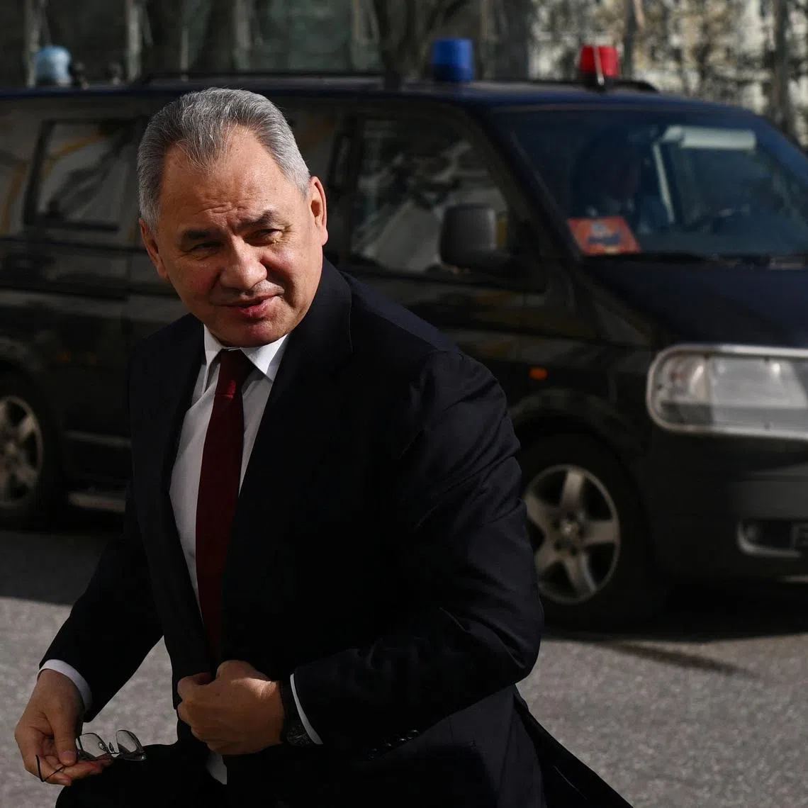FILE PHOTO: Russian Defence Minister Sergei Shoigu arrives at the Kremlin before a meeting of Russian President Vladimir Putin and Chinese President Xi Jinping in Moscow, Russia March 21, 2023. Sputnik/Vladimir Astapkovich/Kremlin via REUTERS/File Photo