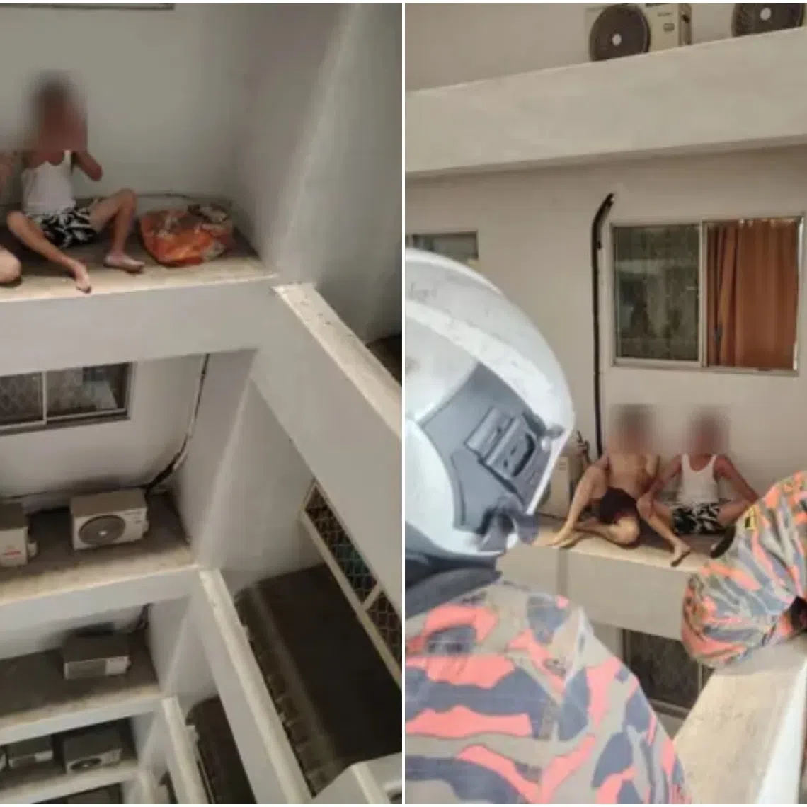 The man with his elderly neighbour seated at the window ledge of an apartment in Penang.
