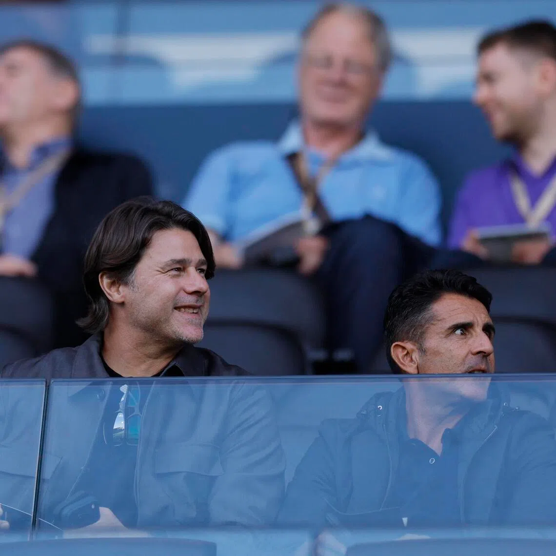 US coach Mauricio Pochettino and assistant Jesus Perez inside the stadium before a Premier League match between Fulham and Crystal Palace on Sept 5.