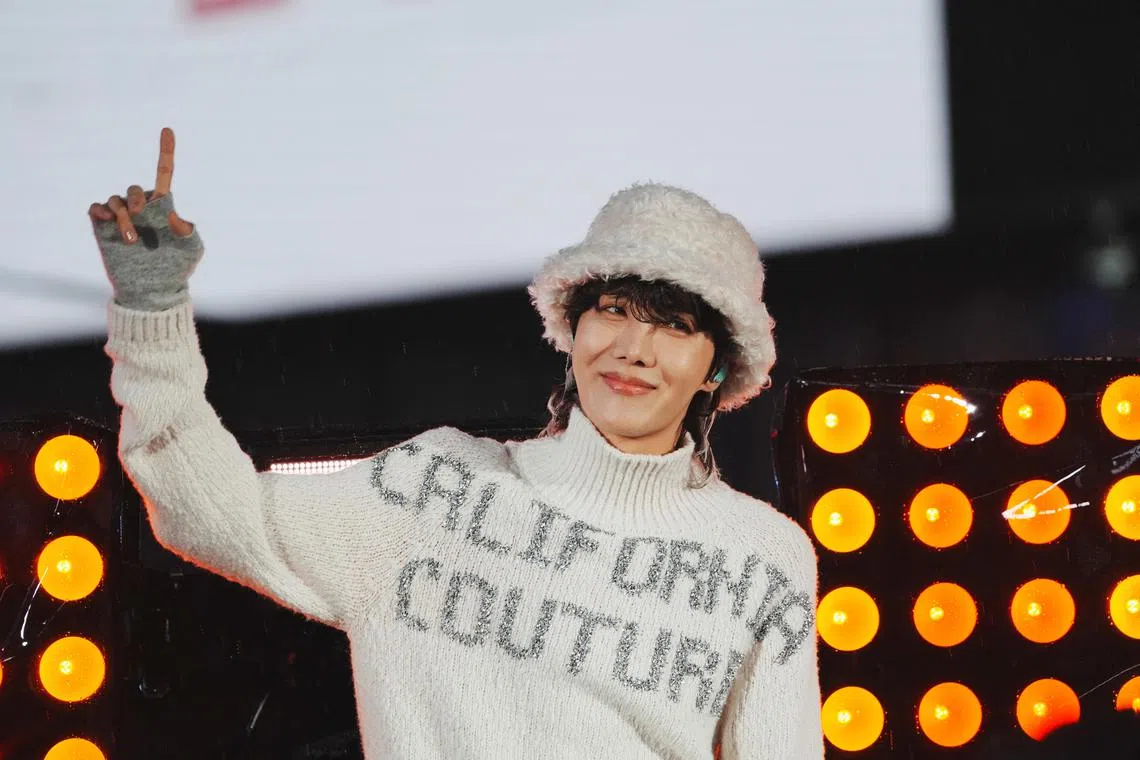 J-Hope performs in Times Square during the first New Year's Eve event without restrictions since the Covid-19 pandemic in the Manhattan borough of New York City, New York, on Dec 31, 2022. 
