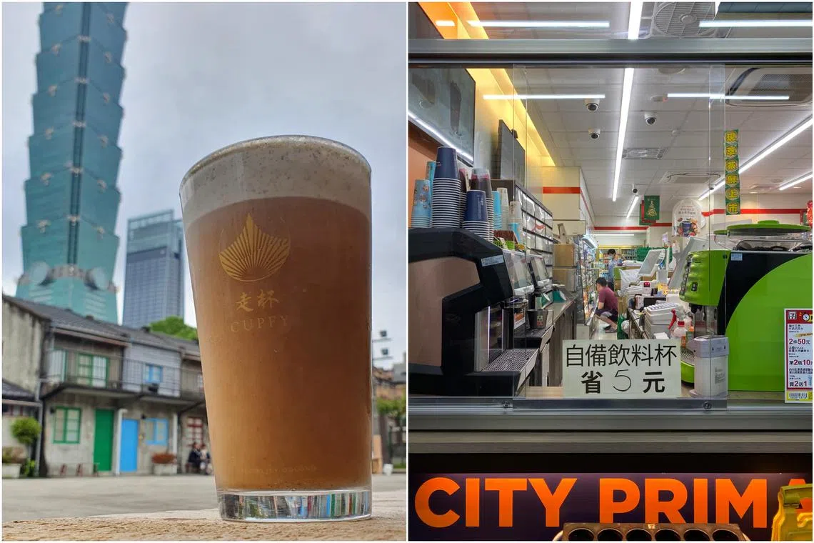 Cupfy serves bubble tea in glass cups (left) for customers to drink at the shop and return when done; and 7-11 own tumbler