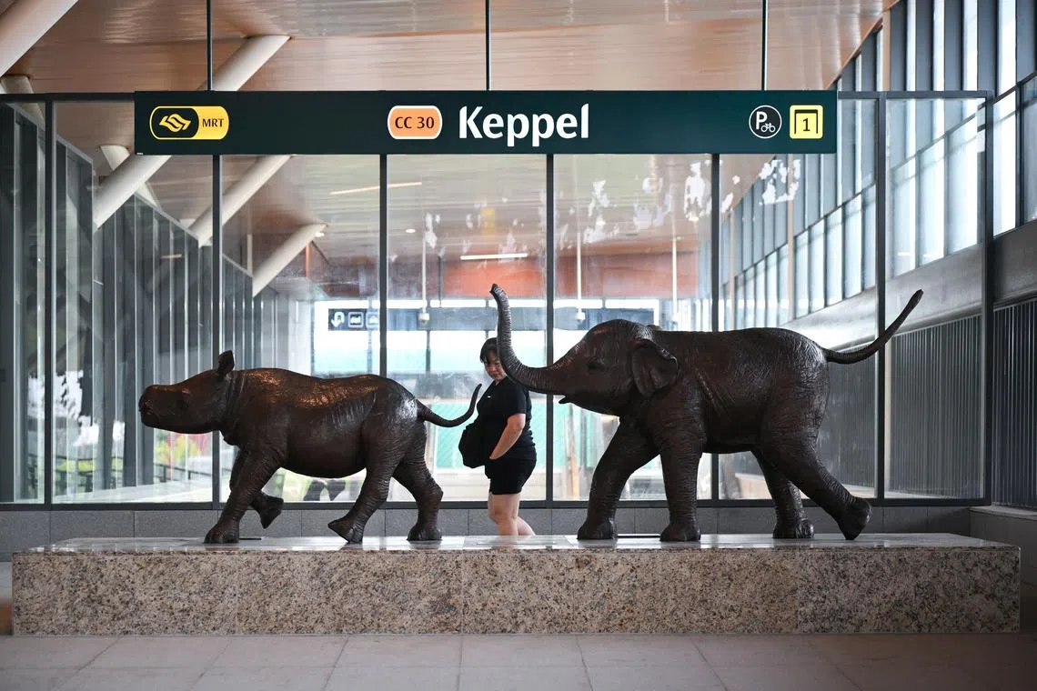 Sculptures of two endangered animals – an Indian elephant and a black rhinoceros – sit at the entrance nearest the harbour at Keppel station on July 12.