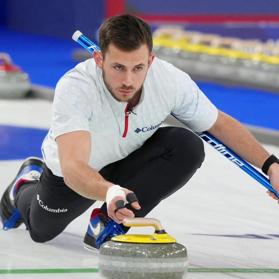 Feb 9, 2026; Cortina d'Ampezzo, Italy; Korey Dropkin of Team United States during a curling semifinal match during the Milano Cortina 2026 Olympic Winter Games at Cortina Curling Olympic Stadium. Mandatory Credit: Eric Bolte-Imagn Images
