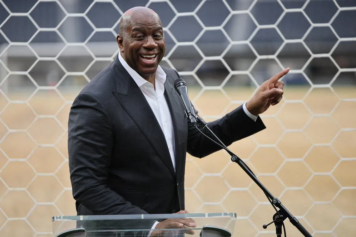 Soccer Football - Los Angeles marks 30 days to World Cup - SoFi Stadium, Inglewood, Los Angeles, California, U.S. - May 12, 2026 Former basketball player Earvin 'Magic' Johnson speaks during an event marking 30 days until the start of the World Cup. REUTERS/Daniel Cole