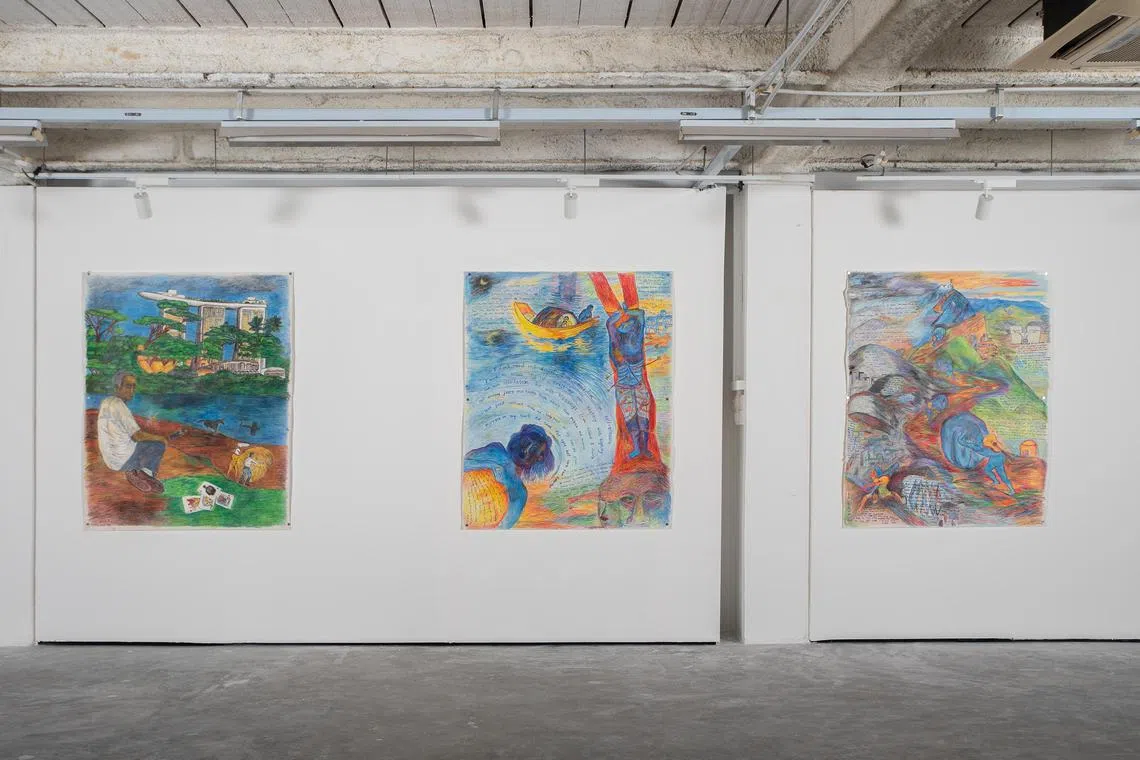 Lee Wen's colour pencil on paper works are filled with poems that reflect his meditations on loneliness and art. 