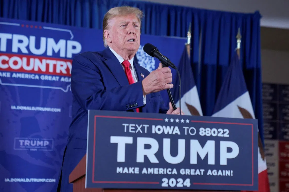 Former US President and Republican presidential candidate Donald Trump campaigns, in Sioux Center, Iowa, on Jan 5.
