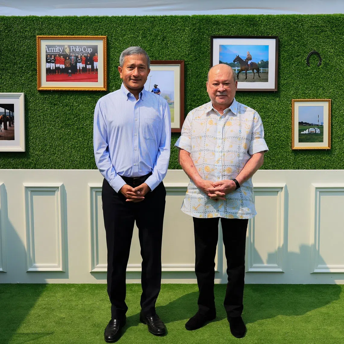 Minister for Foreign Affairs Vivian Balakrishnan (left) with Malaysia’s King, Sultan Ibrahim Iskandar at the polo grounds of the Istana Pasir Pelangi.