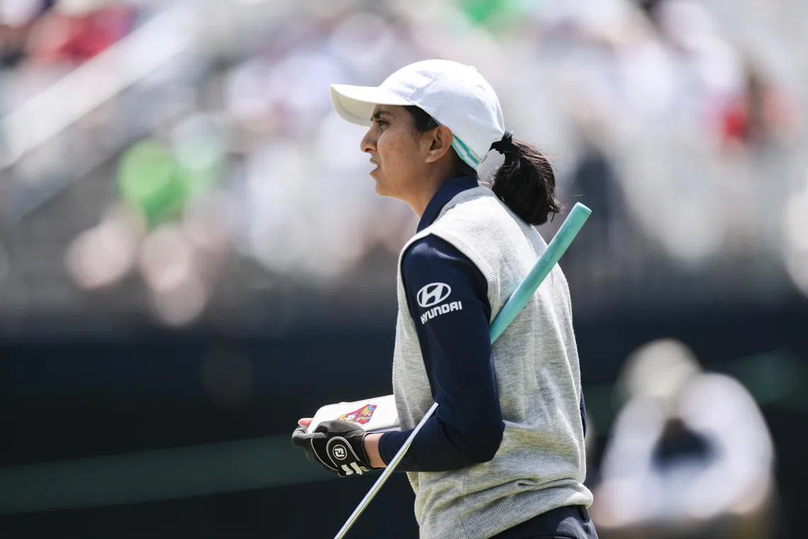 FILE PHOTO: May 30, 2024; Lancaster, Pennsylvania, USA; Aditi Ashok (IND) on the eighteenth green during the first round of the U.S. Women's Open golf tournament. Mandatory Credit: John Jones-USA TODAY Sports/File photo