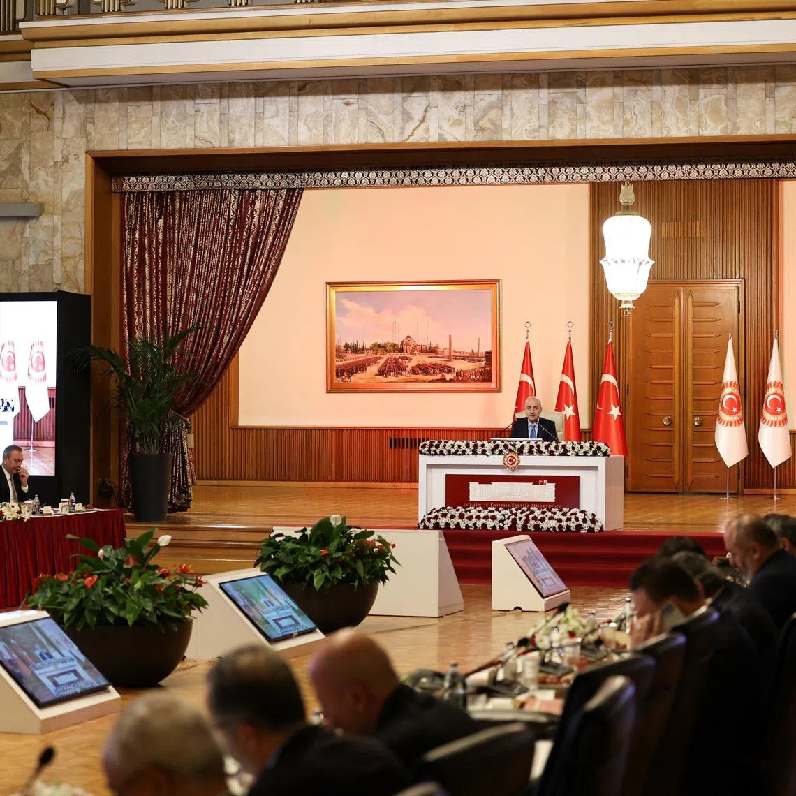 Turkey’s Parliament Speaker Numan Kurtulmus chairs a parliamentary commission set to vote on a draft report aimed at facilitating the disarmament of the outlawed Kurdistan Workers Party (PKK), a step that could advance a peace process to end more than four decades of conflict, in Ankara, Turkey, February 18, 2026. Grand National Assembly of Turkey/Handout via REUTERS
