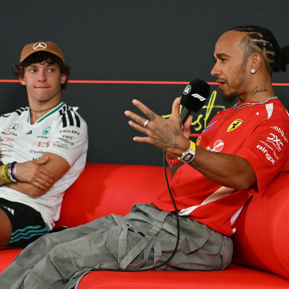 Ferrari’s Lewis Hamilton speaks alongside Mercedes’ Kimi Antonelli at a press conference in Austin, Texas, on Oct 22.