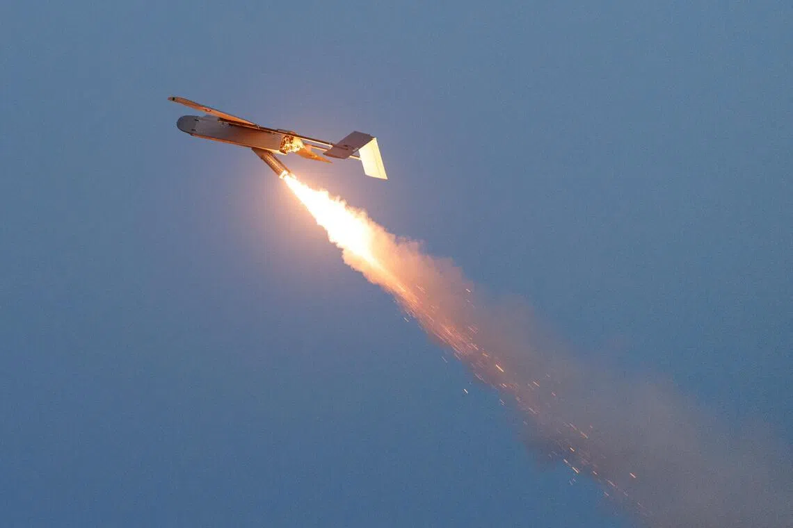 An FP-1 deep-strike drone launches for a combat mission, amid Russia’s attack on Ukraine, in an undisclosed location in Ukraine, in 2026.