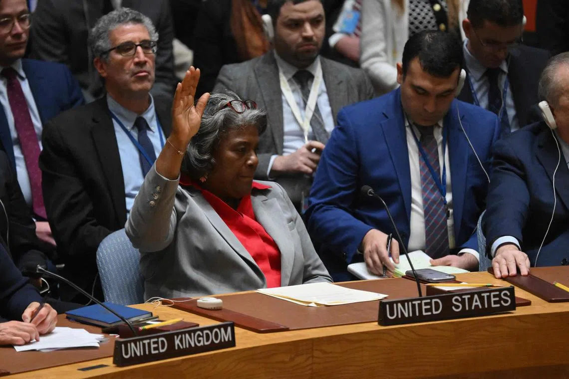 US Ambassador to the United Nations Linda Thomas-Greenfield voting abstain on a resolution calling for an immediate ceasefire in Gaza.