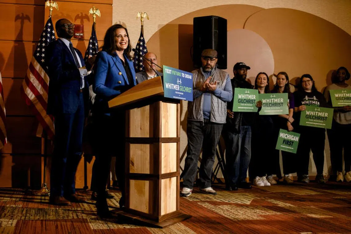 Gov Gretchen Whitmer delivers her victory speech the day after Election Day at the MotorCity Casino in Detroit, on Nov 9, 2022. 