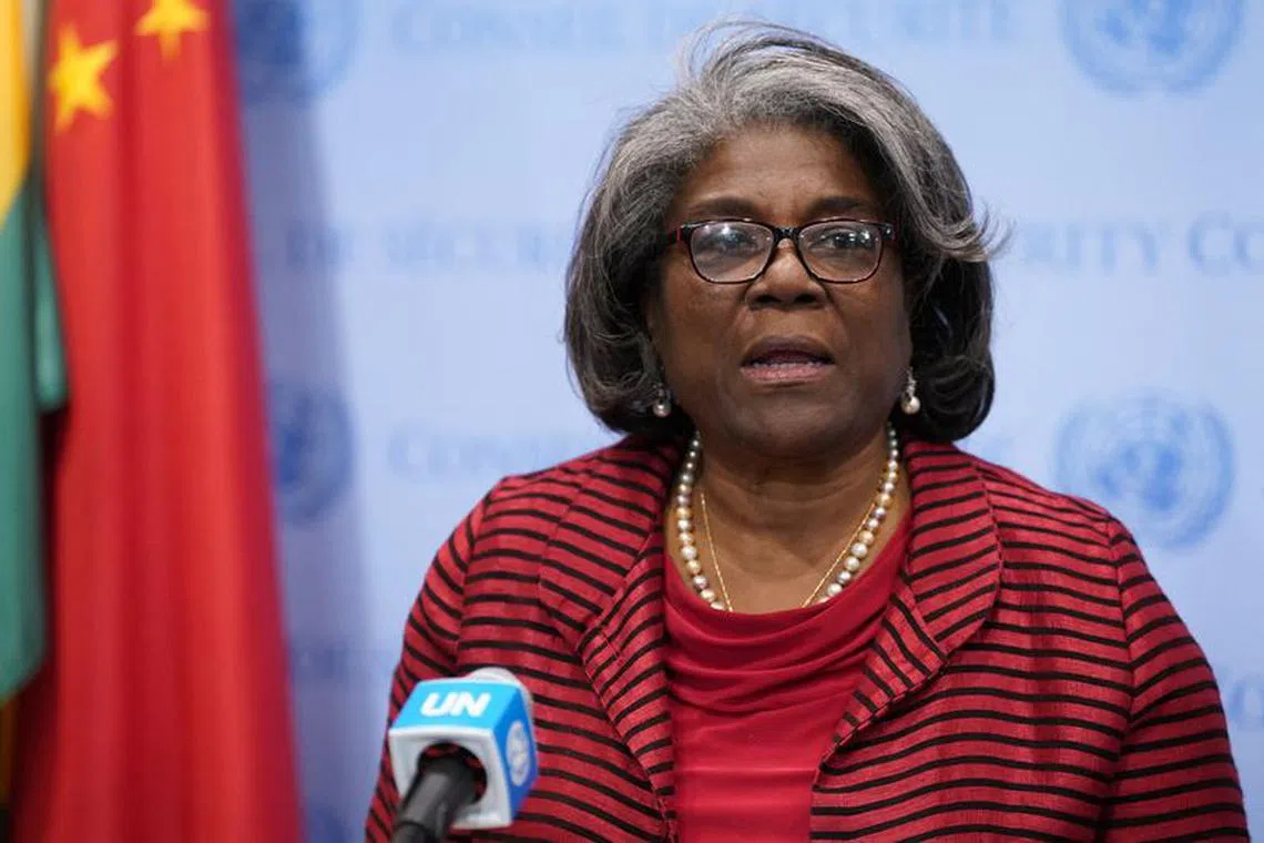 U.S. Ambassador to the United Nations Linda Thomas-Greenfield speaks during a press conference following a vote of the United Nations Security Council on a proposal to demand that Israel and Hamas allow aid access to the Gaza Strip - via land, sea and air routes - and set up U.N. monitoring of the humanitarian assistance delivered, at the U.N. headquarters in New York, U.S., December 22, 2023.  REUTERS/David Dee Delgado/ File photo