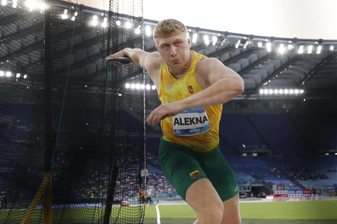 FILE PHOTO: Athletics - Diamond League - Rome - Stadio Olimpico, Rome, Italy - August 30, 2024 Lithuania's Mykolas Alekna in action during the Men's Discus Throw REUTERS/Ciro De Luca/File Photo