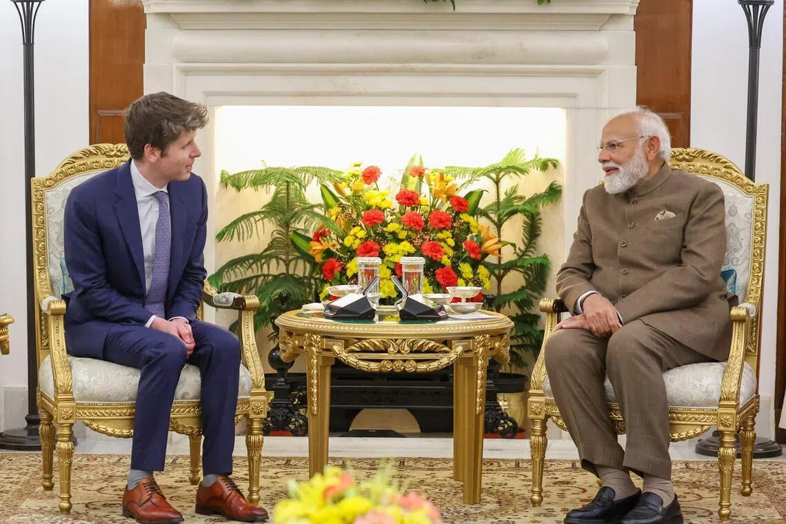 OpenAI CEO Sam Altman meets with Indian Prime Minister Narendra Modi at the AI Impact Summit 2026 in New Delhi.

