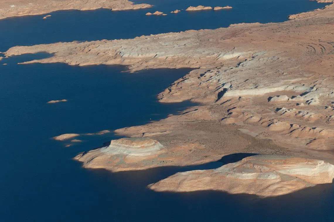 FILE PHOTO: An aerial view of Lake Powell is seen, where water levels have declined dramatically as growing demand for water and climate change shrink the Colorado River in Page, Arizona, U.S., November 19, 2022. REUTERS/Caitlin Ochs/ File Photo