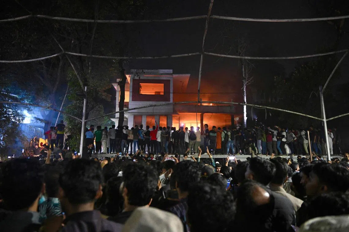 Protesters set fire to the Bangabandhu Memorial Museum, the former residence of Sheikh Mujibur Rahman, father of ousted autocratic leader Sheikh Hasina in Dhaka on Feb 5, 2025. 