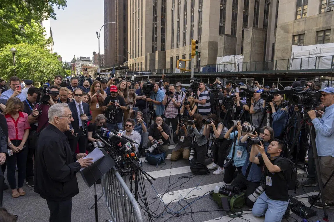 Actor Robert De Niro, speaking on behalf of the Biden campaign, went off script and declared Donald Trump guilty.