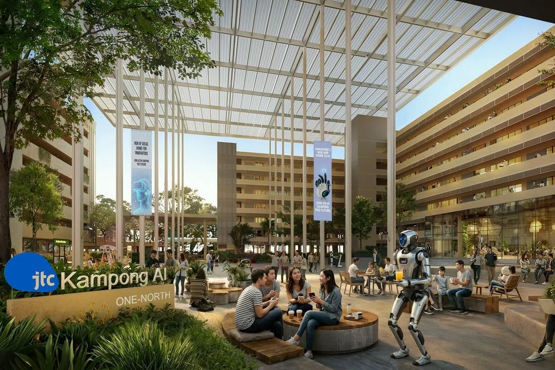 An artist impression of Kampong AI, a space for AI startups to live and work within LaunchPad @ One-North.
