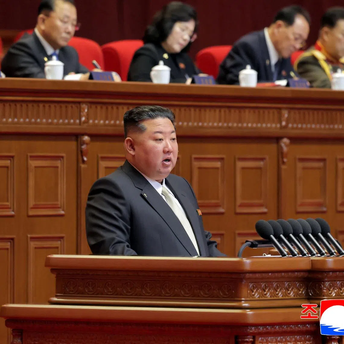 North Korean leader Kim Jong Un speaks during the Ninth Congress of the Workers' Party of Korea (WPK) in Pyongyang, North Korea, February 19, 2026, in this picture released by North Korea's official Korean Central News Agency.   KCNA via REUTERS