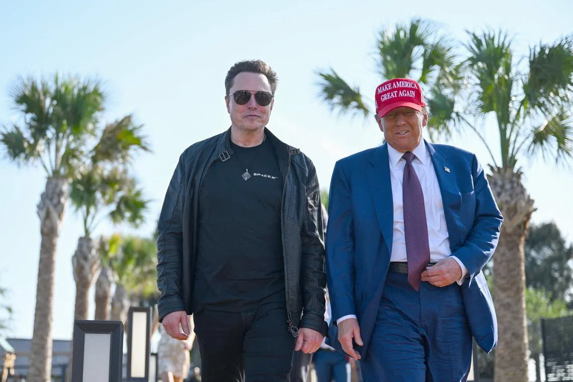 Tesla CEO Elon Musk and US President-elect Donald Trump on their way to attend a viewing of the launch of the sixth test flight of the SpaceX Starship rocket in Texas on Nov 19.