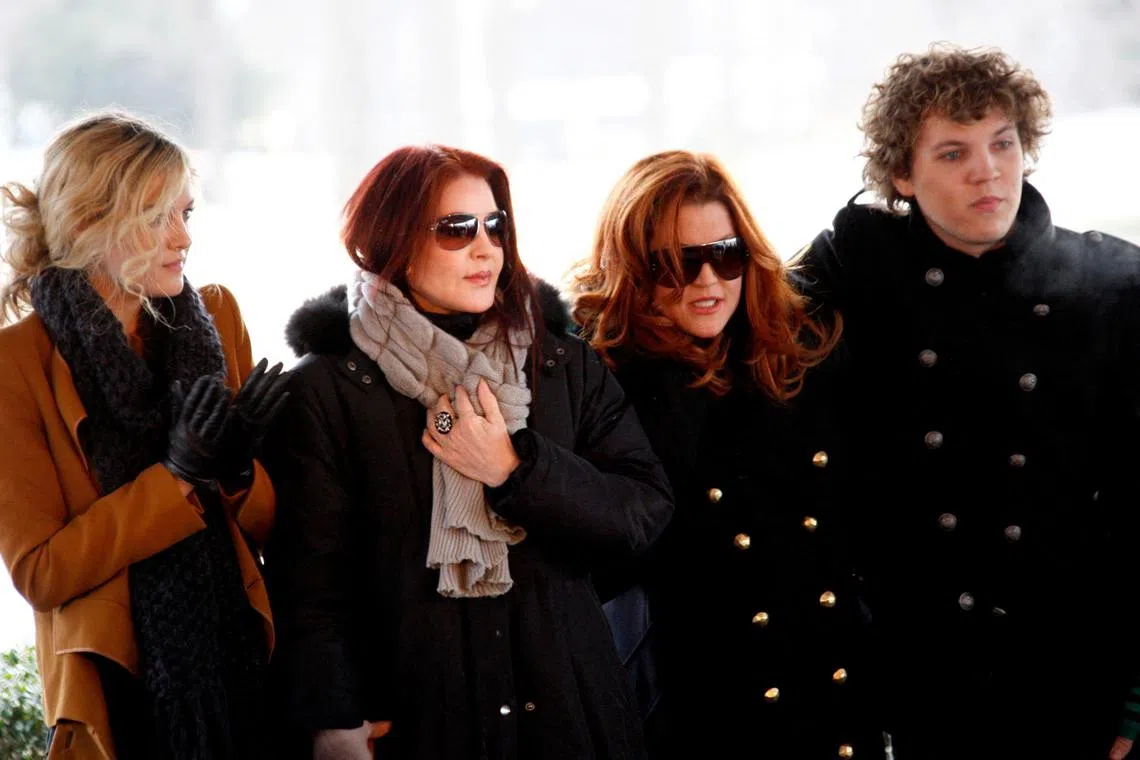 FILE PHOTO: The Presley family Riley Keough, Priscilla Presley, Lisa Marie Presley and Benjamin Keough welcome fans during the 75th birthday celebration for Elvis Presley in Memphis, Tennessee, U.S. January 8, 2010. REUTERS/Nikki Boertman/File Photo
