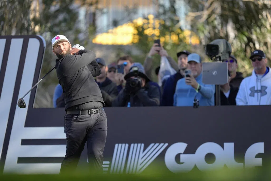 FILE PHOTO: Feb 10, 2024; Las Vegas, Nevada, USA; Jon Rahm plays his shot from the 18th tee during the final round of the LIV Golf Las Vegas tournament at Las Vegas Country Club. Mandatory Credit: Lucas Peltier-USA TODAY Sports/File Photo
