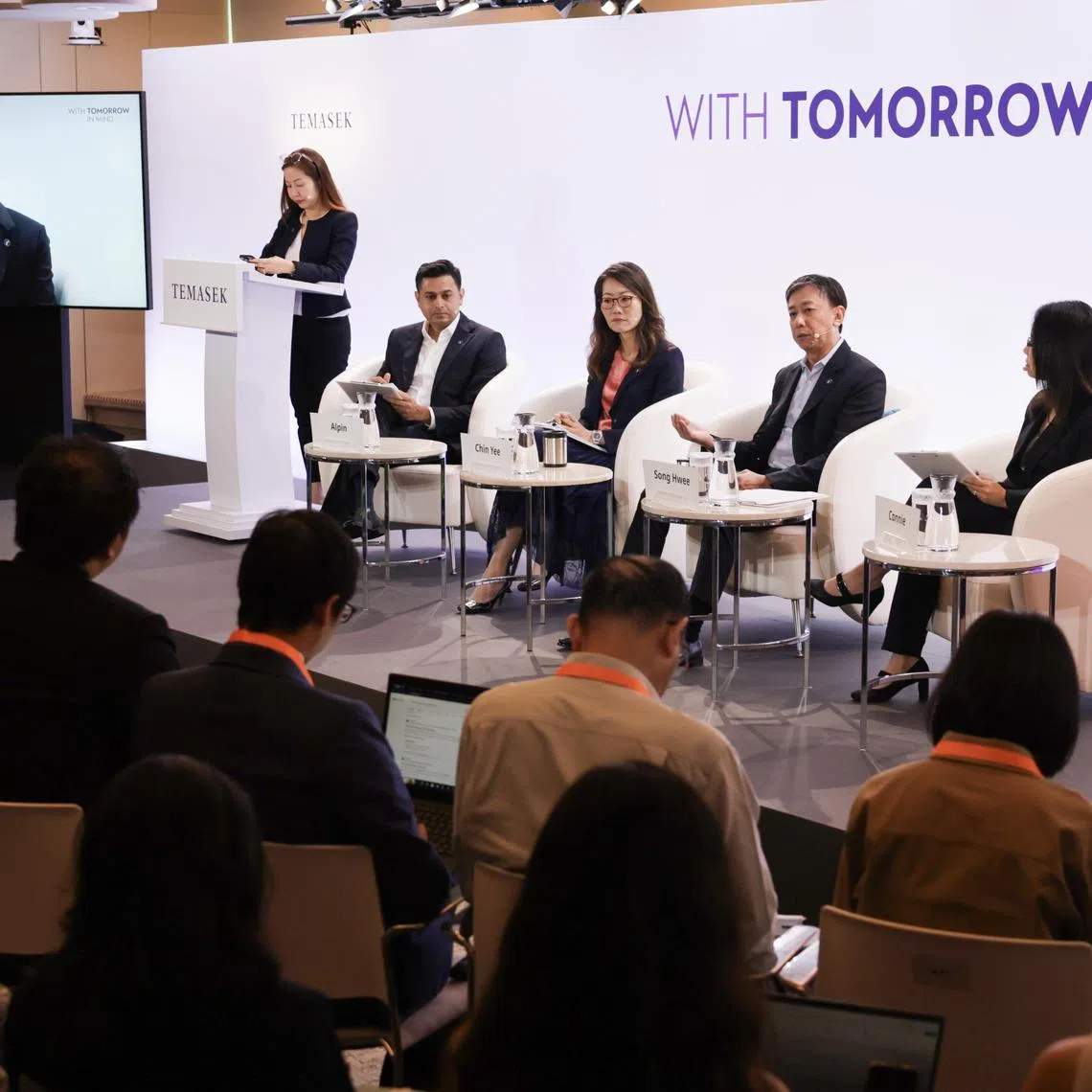 Temasek's deputy chief executive officer Chia Song Hwee (second from left) speaking at the Temasek Review on July 9.