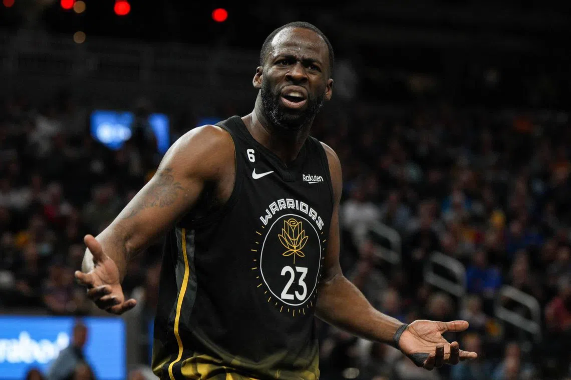 Draymond Green of the Golden State Warriors reacts to a call during the third quarter against the New Orleans Pelicans at Chase Centre.