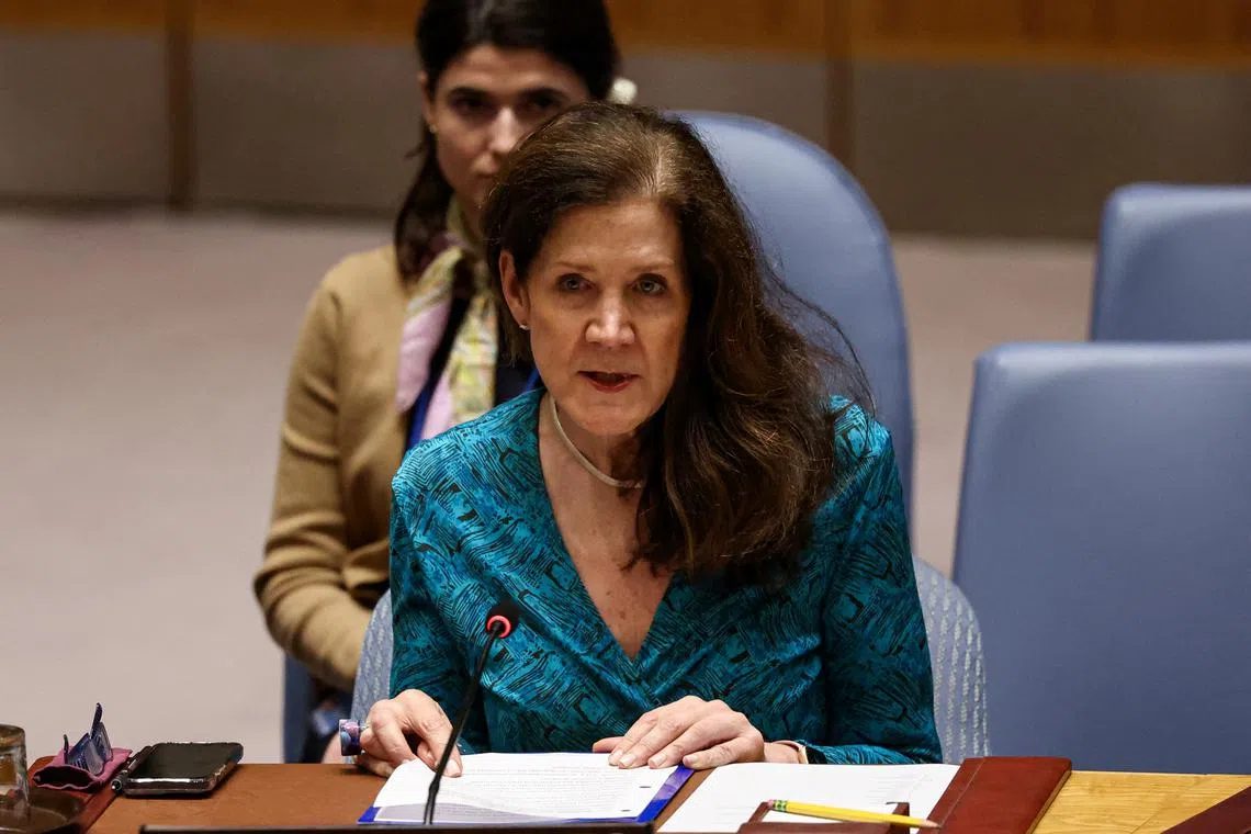 U.S. Ambassador to the United Nations Dorothy Shea speaks during the United Nations Security Council, following U.S attack on Iran's nuclear sites, at U.N. headquarters in New York City, U.S., June 24, 2025.  REUTERS/Brendan McDermid