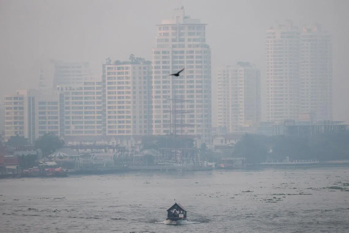 A view of the Chao Phraya River amid air pollution in Bangkok, Thailand, on February 3, 2025. The Thai government has ordered a crackdown on farmers flouting a ban on crop burning, as pollution in Bangkok spiked on January 31, a week after toxic air forced hundreds of schools to close.