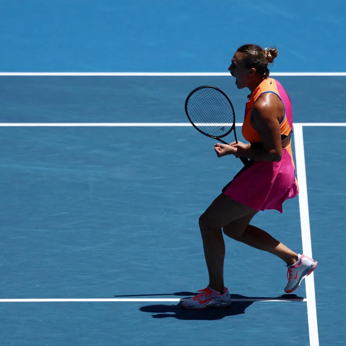 Tennis - Australian Open - Melbourne Park, Melbourne, Australia - January 25, 2026 Belarus' Aryna Sabalenka reacts during her fourth round match against Canada's Victoria Mboko REUTERS/Tingshu Wang