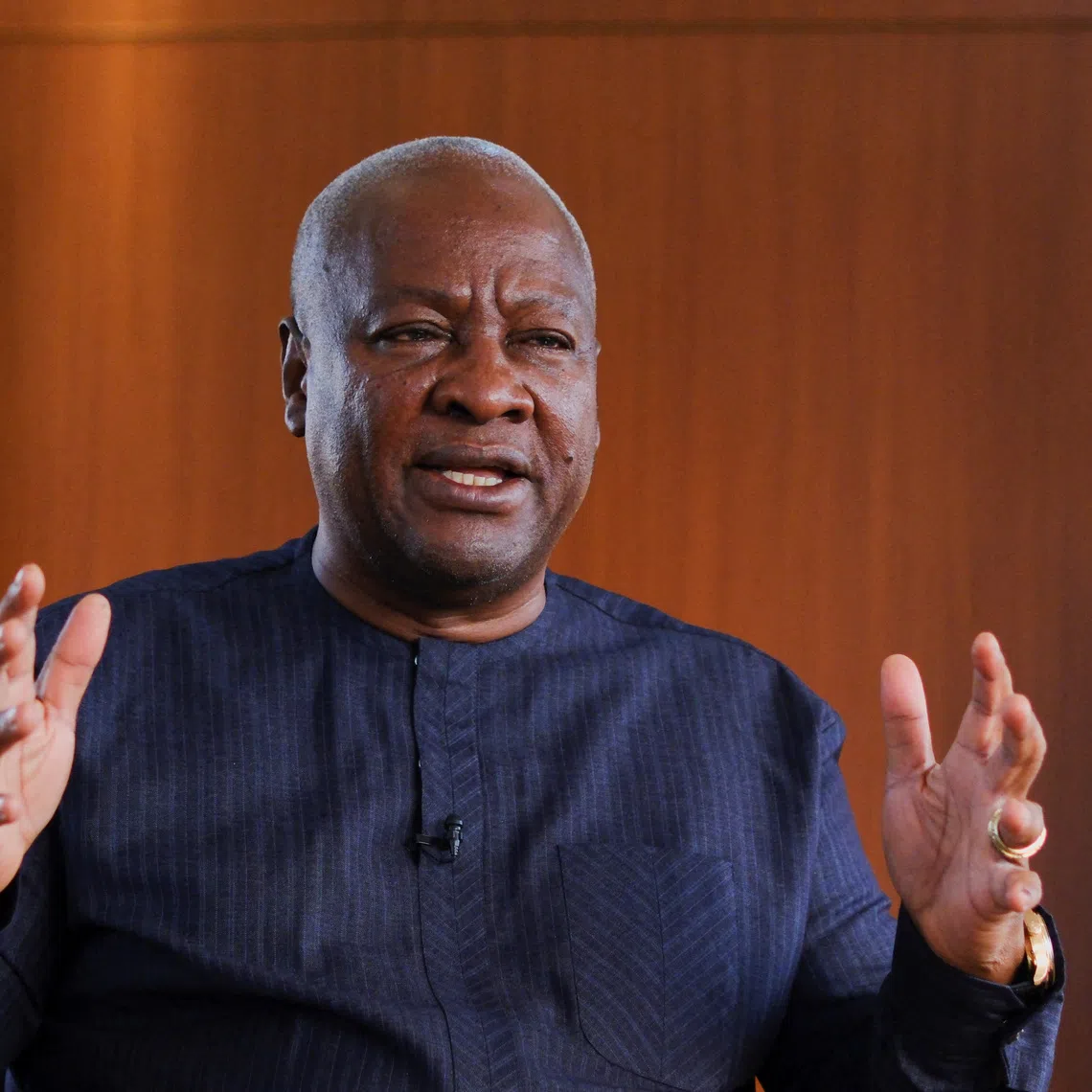 FILE PHOTO: Ghana's President-elect John Dramani Mahama, 66, speaks with Reuters journalists in his office after general elections, in Accra, Ghana, December 13, 2024. REUTERS/Francis Kokoroko/File Photo