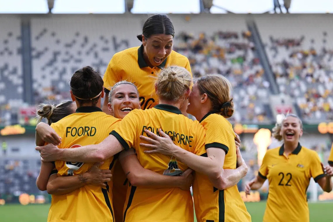 Sam Kerr and her Australian teammates celebrate Clare Polkinghorne's goal during the 2023 Cup of Nations women's football match against Spain in Sydney on Feb 19.