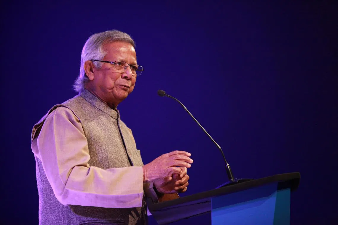 FILE PHOTO: Nobel Peace laureate Muhammad Yunus speaks at the Trust Women Conference, London, Britain, December 1 2016. Nicky Milne/Thomson Reuters Foundation via REUTERS/File Photo