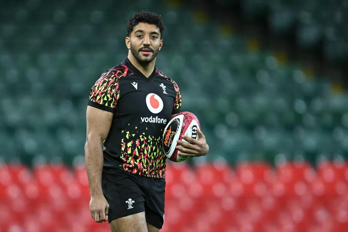 Wales' Gabriel Hamer-Webb takes part in a captain's run training session at Principality Stadium in Cardiff on Feb 14, 2026, on the eve of their Six Nations rugby match against France.