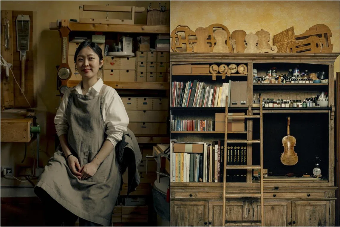 South Korean luthier Ayoung An's bookcase at her studio in Cremona, Italy.