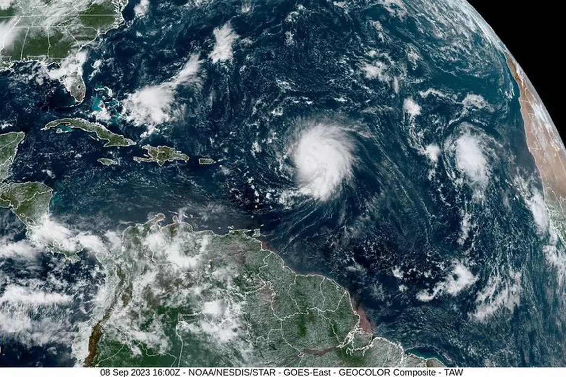FILE PHOTO: A composite image shows Hurricane Lee churning towards the Caribbean after intensifying into a major storm, September 8, 2023. National Oceanic and Atmospheric Administration (NOAA)/Handout REUTERS