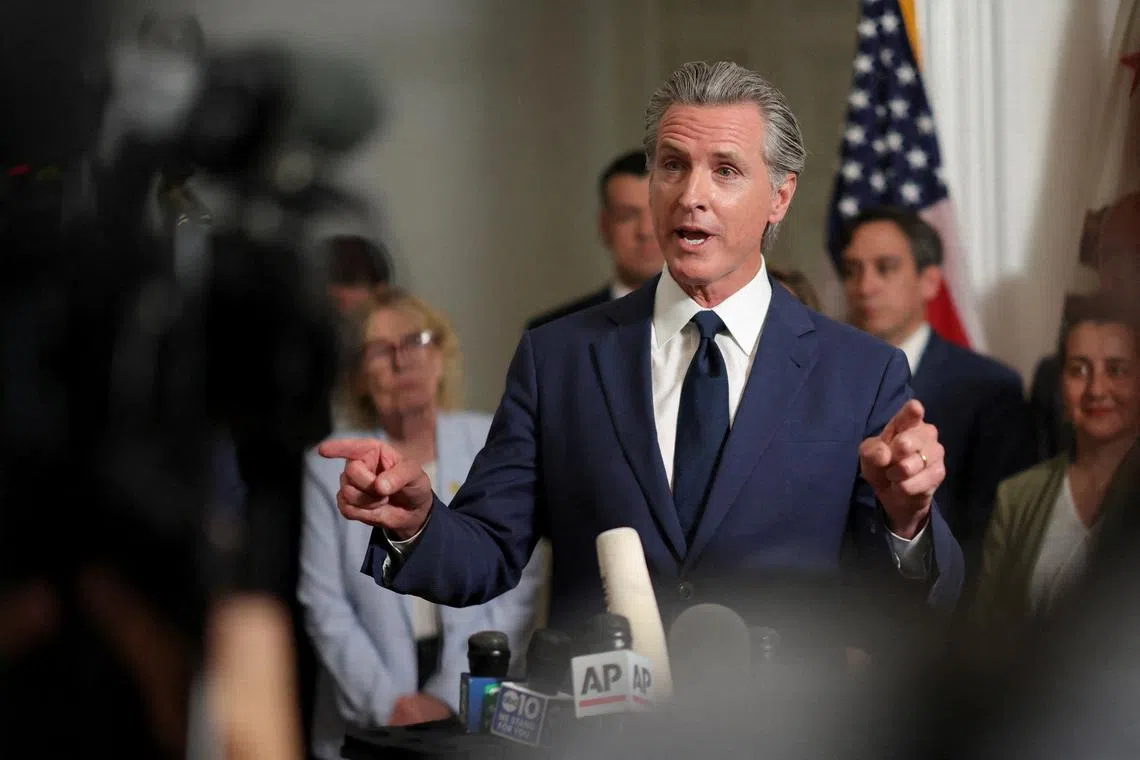 California Governor Gavin Newsom speaks at a press conference, accompanied by members of the Texas Democratic legislators, at the governor’s mansion in Sacramento, California, U.S., August 8, 2025. REUTERS/Carlos Barria