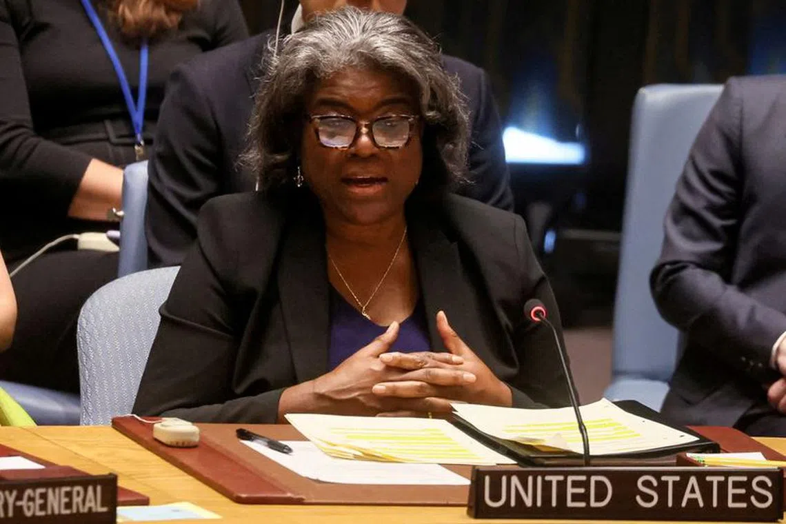 FILE PHOTO: U.S. Ambassador to the United Nations Linda Thomas-Greenfield addresses a U.N. Security Council meeting at the U.N. headquarters in New York City, U.S., July 17, 2023. REUTERS/Brendan McDermid/File Photo