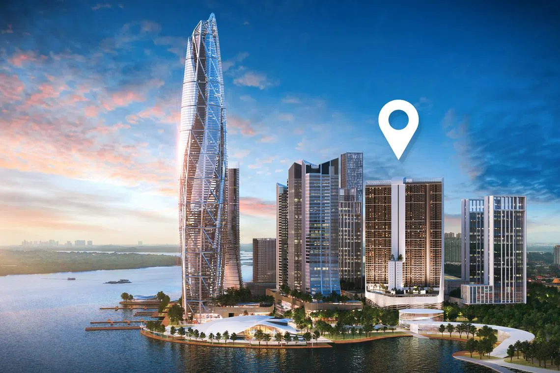 Artist's impression of Skypark Kepler's dual 54-storey towers (pictured, right) among other new developments in Johor Bahru's Lido Waterfront Boulevard townhip. 