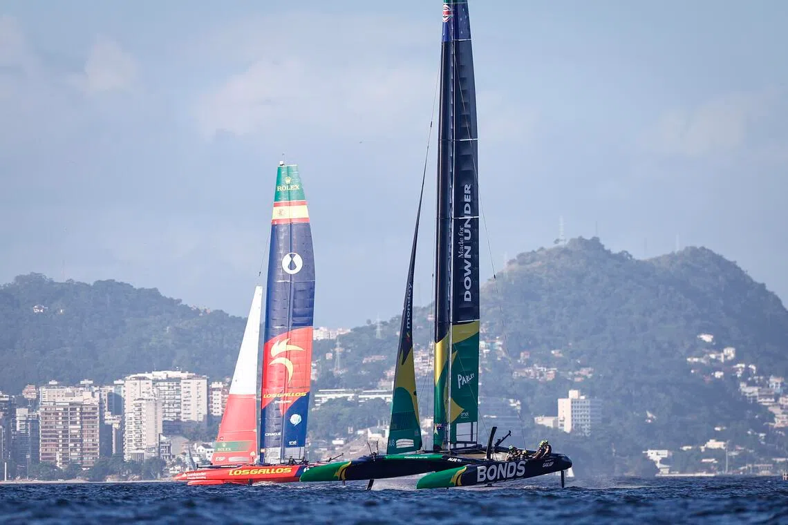 Australia's team Bonds Flying Roos (right) leads Spain's Los Gallos during the Enel Rio Sail Grand Prix in Guanabara Bay, Rio de Janeiro, Brazil on April 12, 2026.