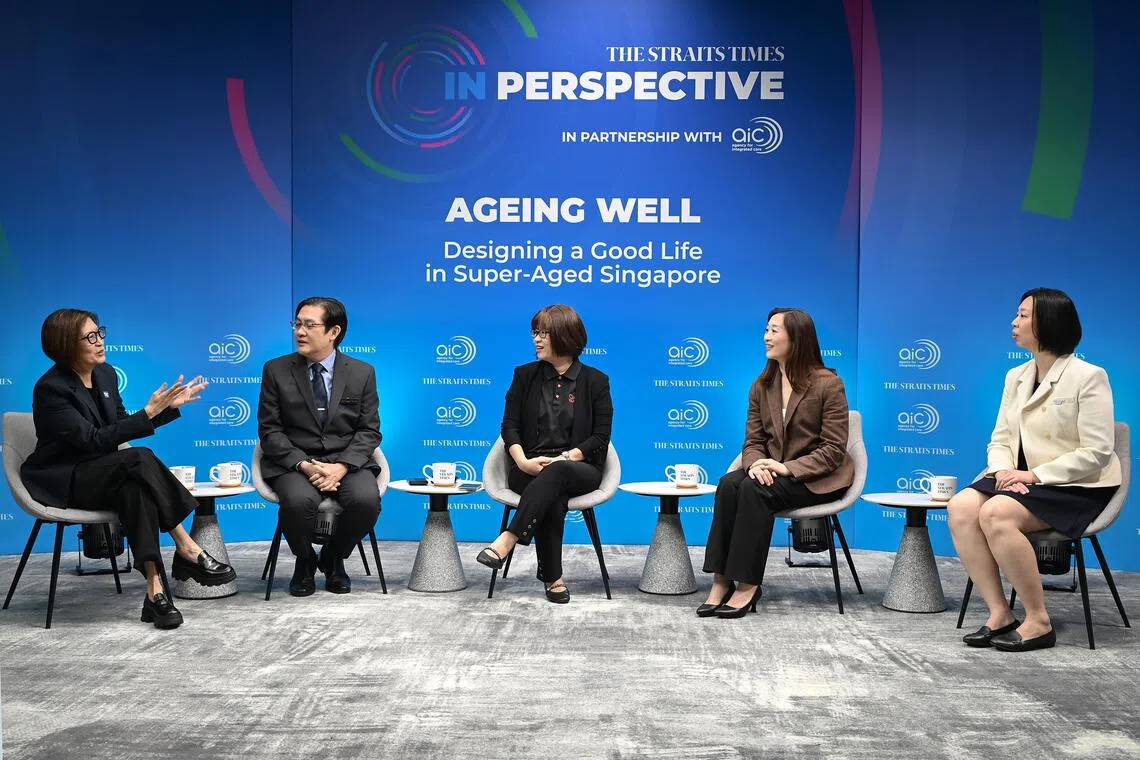 (From left) ST senior correspondent Joyce Teo, CGH senior consultant in geriatric medicine associate professor Samuel Chew, AIC chief of active ageing division Soh Swee Ping, HPB director of the physical activity and healthy ageing division Rachel Ngo and TTSH senior consultant in geriatric medicine Lim Jun Pei on Oct 6.