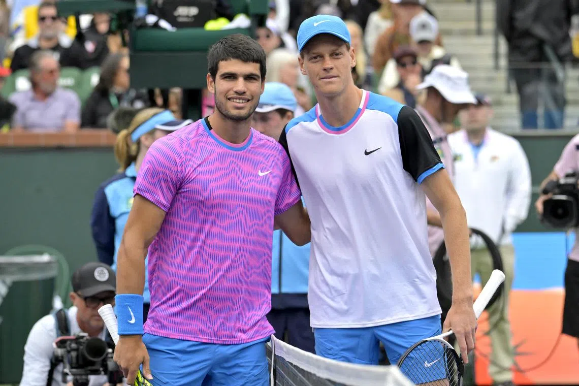 Mar 16, 2024; Indian Wells, CA, USA; Carlos Alcaraz (ESP) and Jannik Sinner (ITA) pose for a photo prior to the start of their semi-final match in the BNP Paribas Open at the Indian Wells Tennis Garden. Mandatory Credit: Jayne Kamin-Oncea-USA TODAY Sports